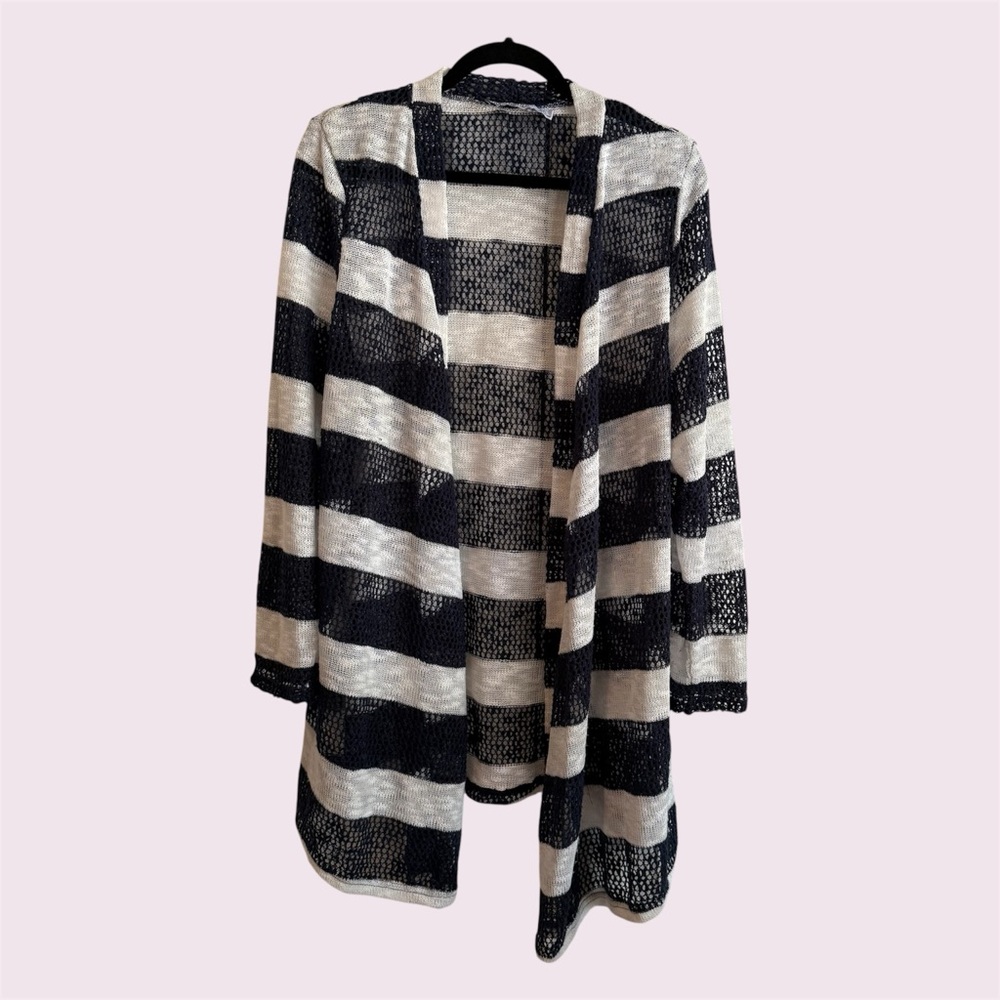 Retro Threads XXL Navy/White Stripe Crochet Open Front Cardigan EUC